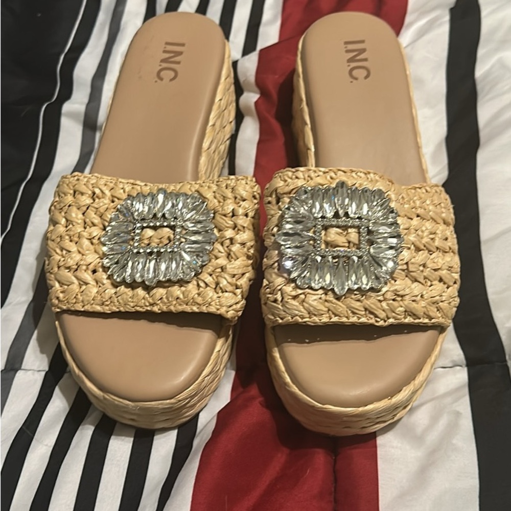 INC International Concepts Beige Woven Slide Sandals with Silver Accent